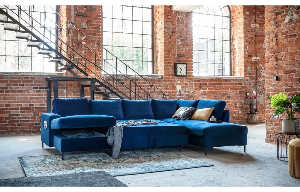 Divano letto a U in velluto blu navy, angolo destro Lofty Lilly - Miuform