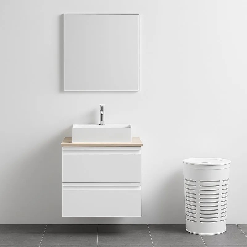 Mobile da bagno sospeso Pull con top L 60 x H 56 x P 46 cm bianco e rovere naturale, 2 cassetti, lavabo non incluso
