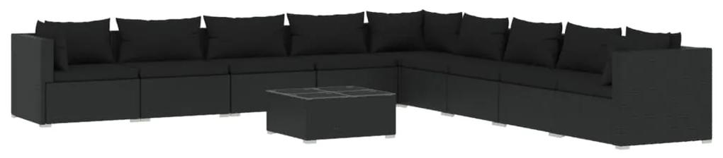 Set divani da giardino 10 pz con cuscini in polyrattan nero