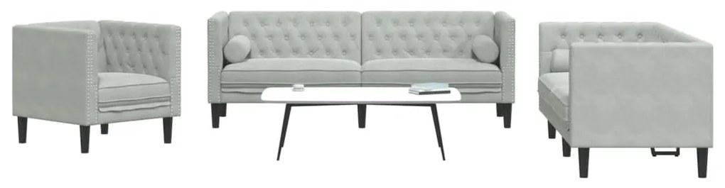 Set Divani Chesterfield 3pz Con Cuscini Grigio Chiaro Velluto /