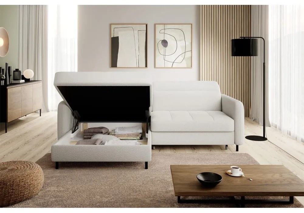 Divano angolare color crema allungabile/con contenitore (con penisola a sinistra/con chaise lounge) e rivestimento in bouclé Gomsi – ELTAP