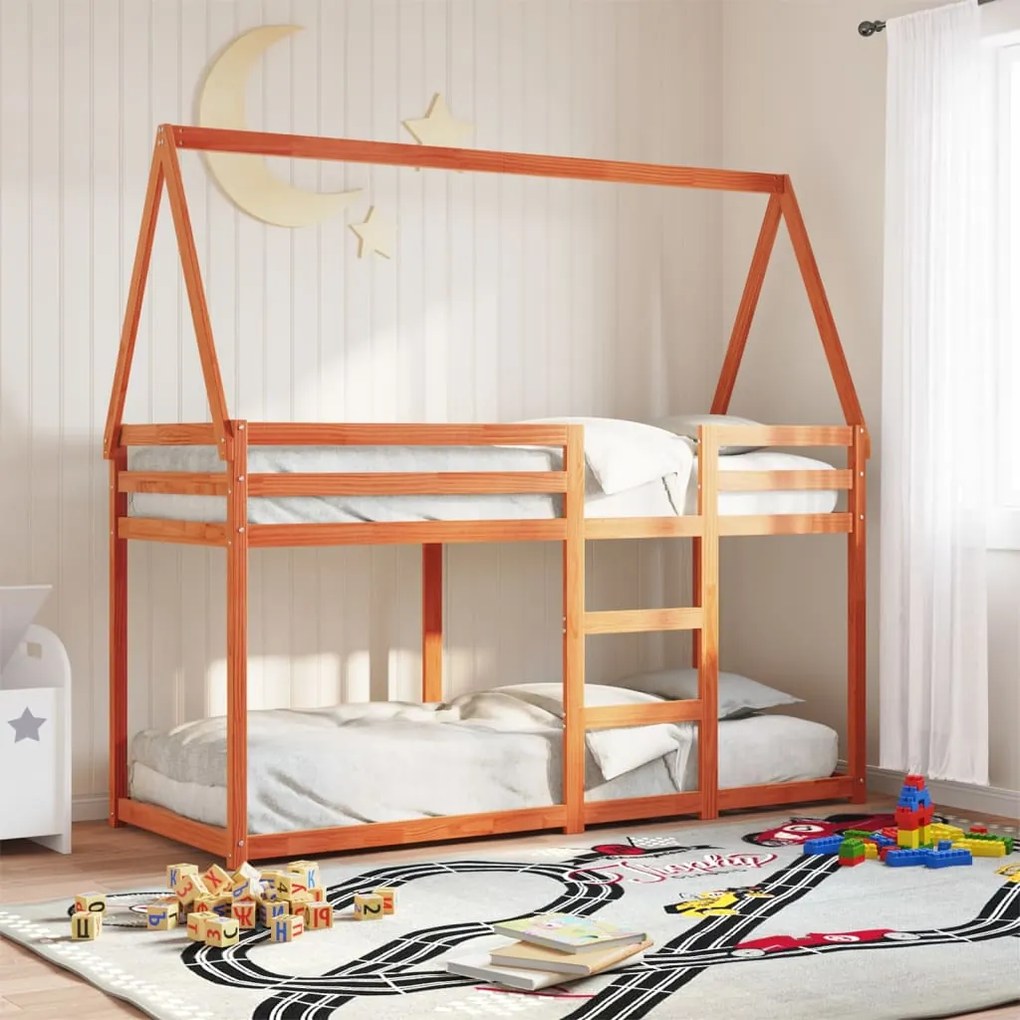 Letto A Castello Con Tetto Marrone Cera 90x190 Cm Massello Pino /