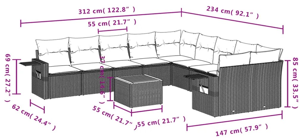 Set divani da giardino 11 pz con cuscini in polyrattan grigio