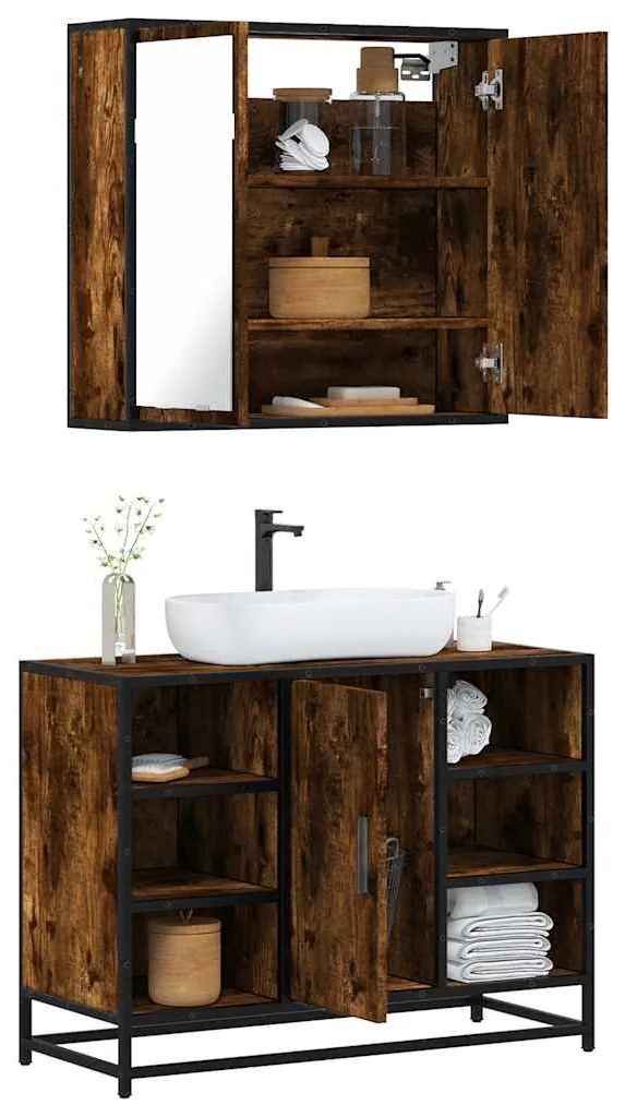 Set Mobili Da Bagno 2 Pz Rovere Fumo İn Legno Multistrato /