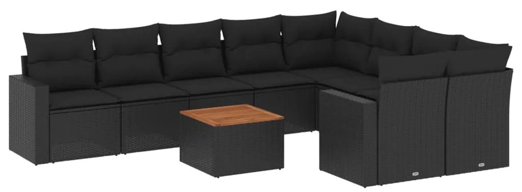 Set divani da giardino 10pz con cuscini in polyrattan nero