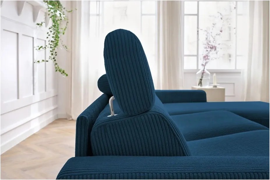 Divano angolare in blu scuro allungabile (con composizione variabile) con rivestimento in velluto a coste Monaco – Bobochic Paris