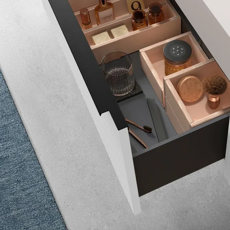 Mobile bagno sospeso 100 cm bianco opaco cannettato con cassetto, specchio e lavabo Nara