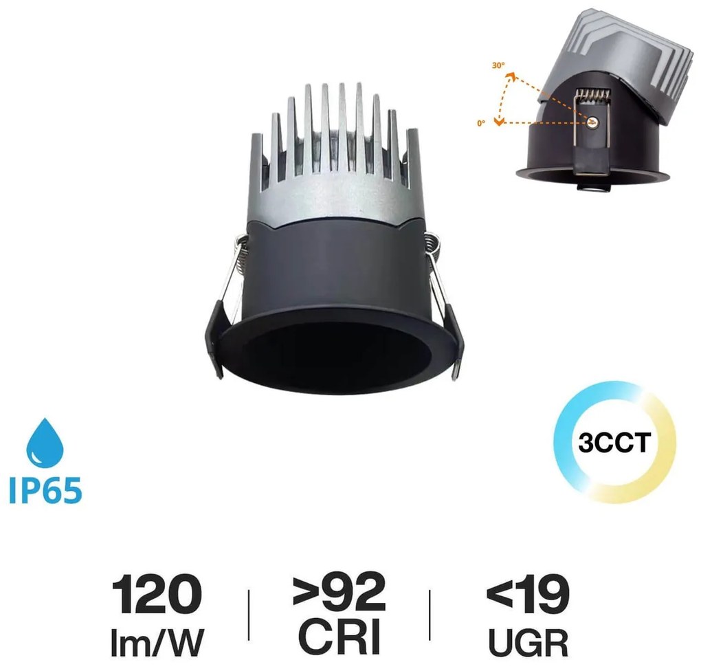 Faro LED da Incasso 10W Nero Ø65mm IP65 CCT UGR19 con driver Philips Colore Bianco Variabile CCT