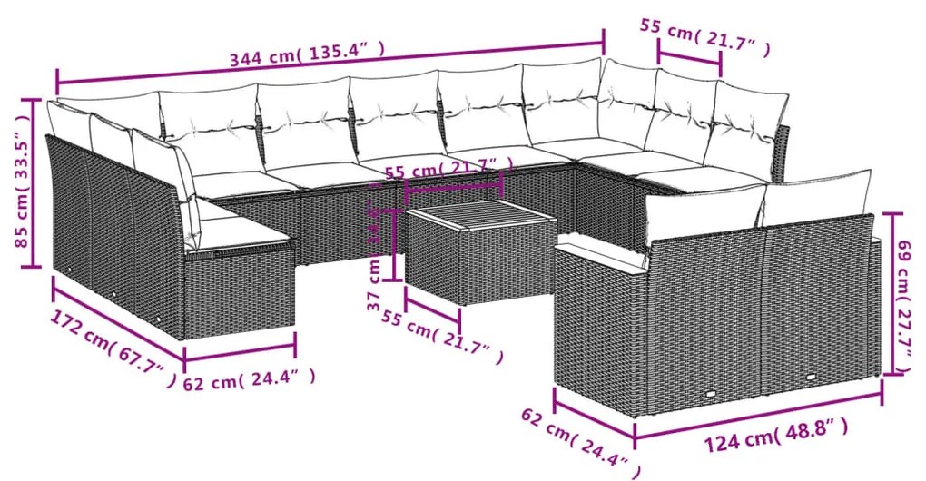 Set divano da giardino 13 pz con cuscini beige in polyrattan