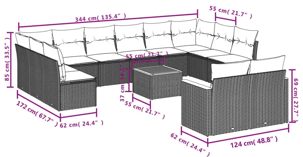Set divano da giardino 13 pz con cuscini beige in polyrattan