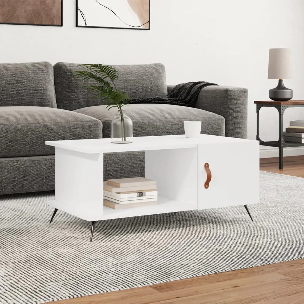Tavolino Da Salotto Bianco 90x50x40 Cm İn Legno Multistrato /