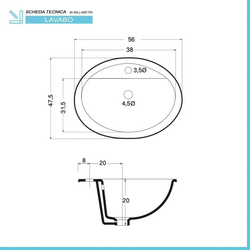 Lavabo da incasso soprapiano ovale 56x47,5 cm in ceramica lucida