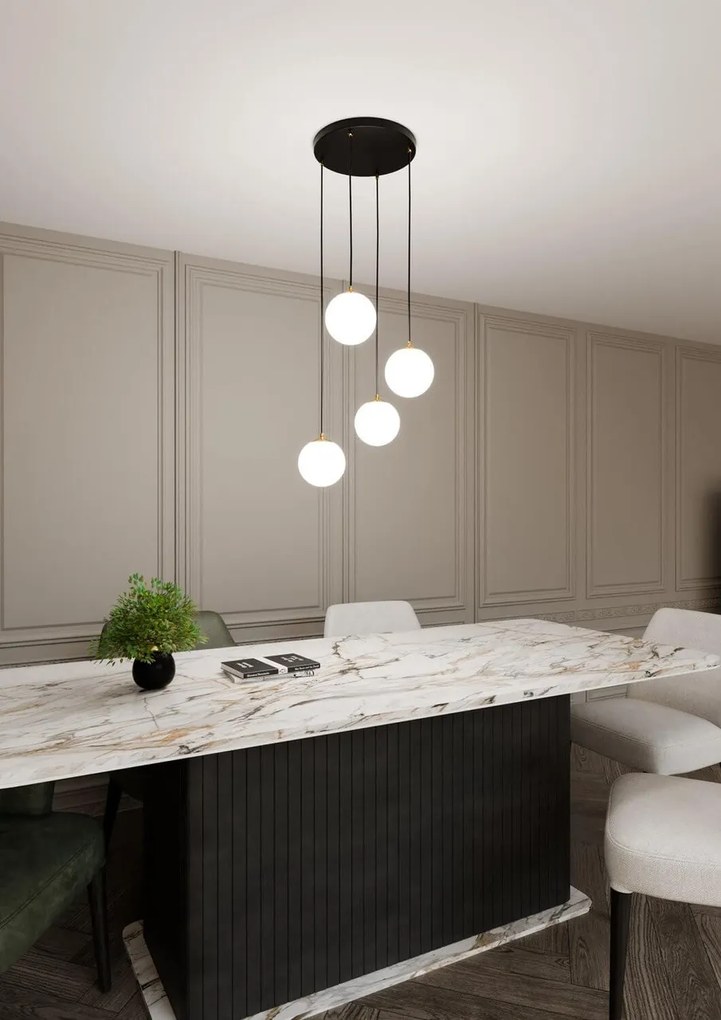 Lampadario a Sospensione in Acciaio e Vetro ROYAL 4 Bianco o Nero 4xE14
