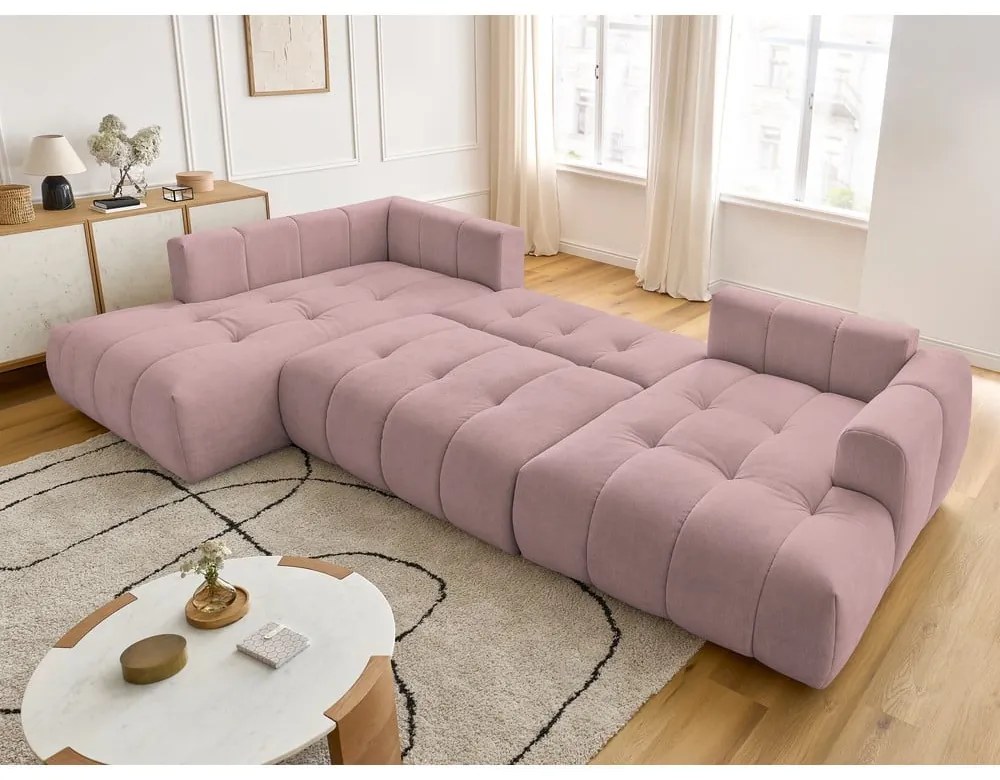Divano angolare rosa allungabile e con contenitore (penisola a sinistra/a U) con rivestimento in ciniglia Fuji – Bobochic Paris