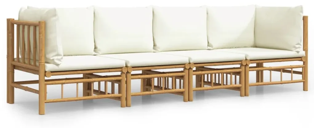 Set salotto da giardino 4pz con cuscini bianco crema in bambù
