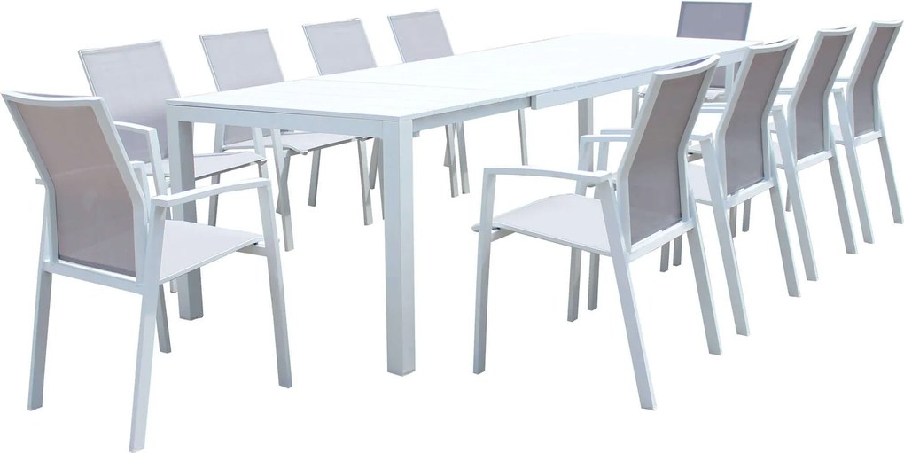 ALASKA - set tavolo in alluminio cm 214/280 x 100 x 75,5 h con 10 poltrone Lotus