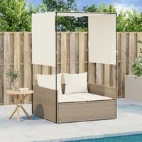 Lettino Prendisole con Tetto e Tende Beige in Polyrattan 4002759