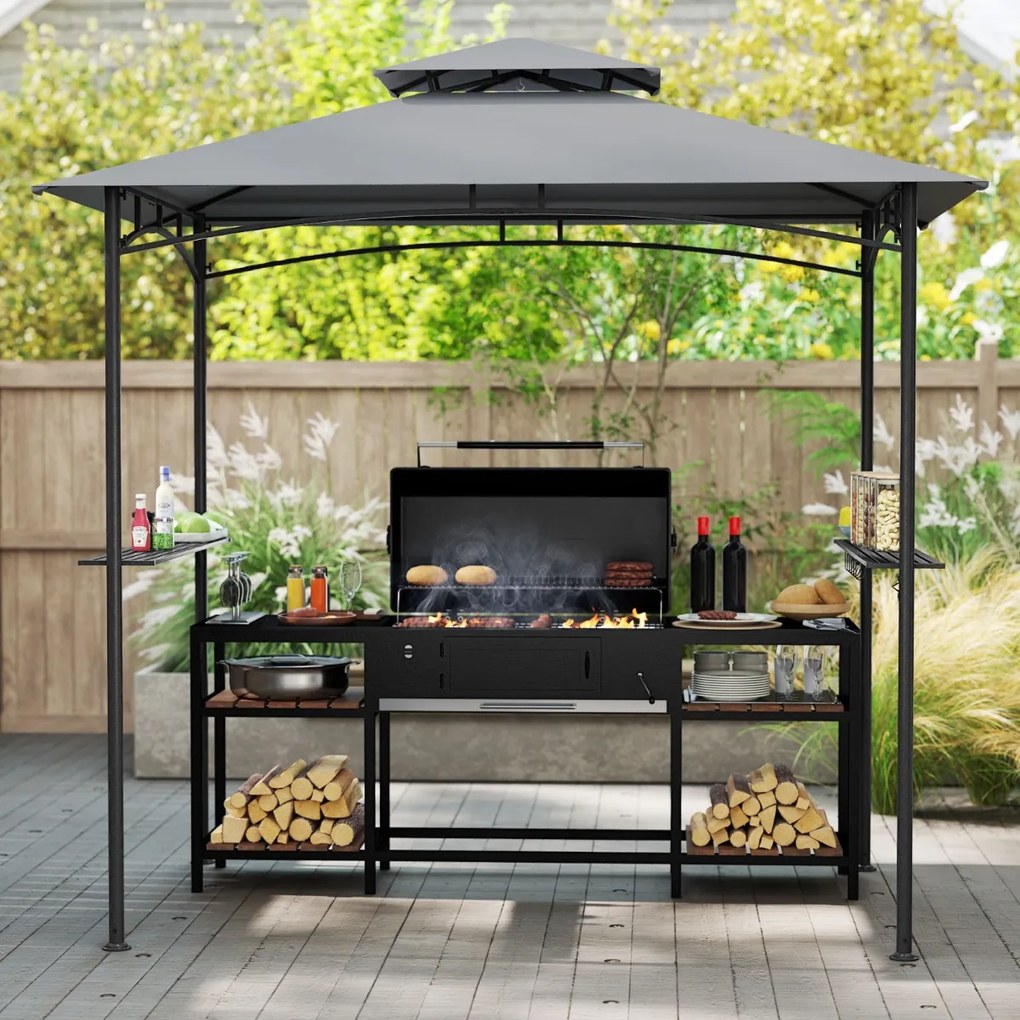 Costway Gazebo per griglia e pergolato per barbecue con doppio tetto, Tenda da esterno Grigio + Nero 242 x 150 cm