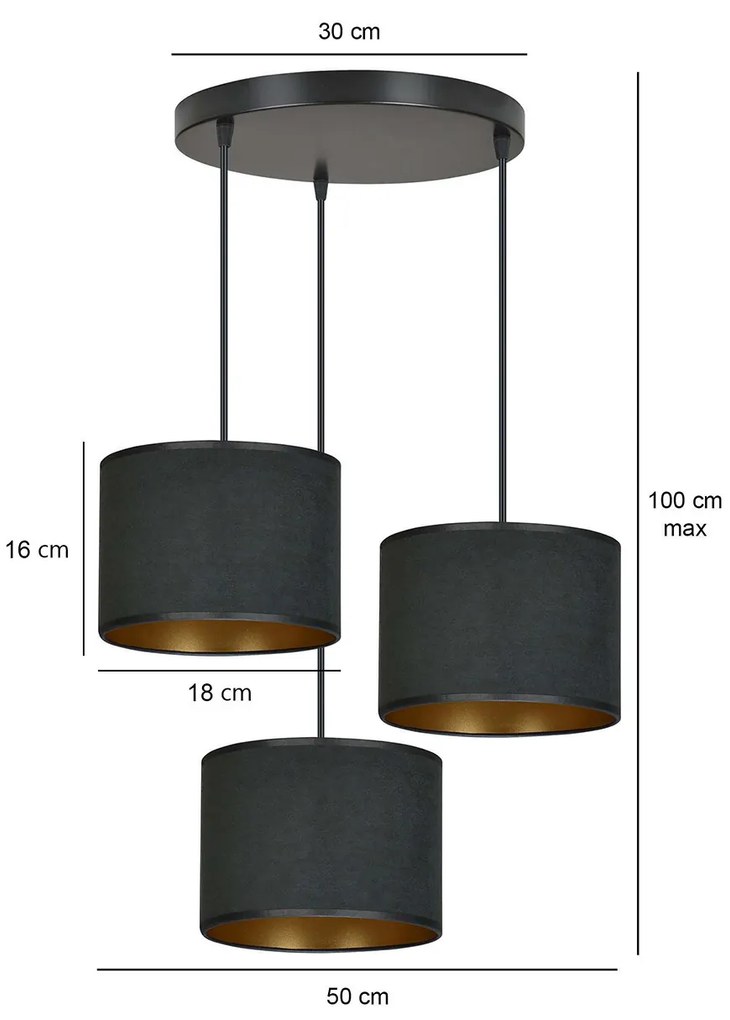 Lampadario Tondo 3 Luci Ganesha In Acciaio Nero E Paralumi In Tessuto Nero