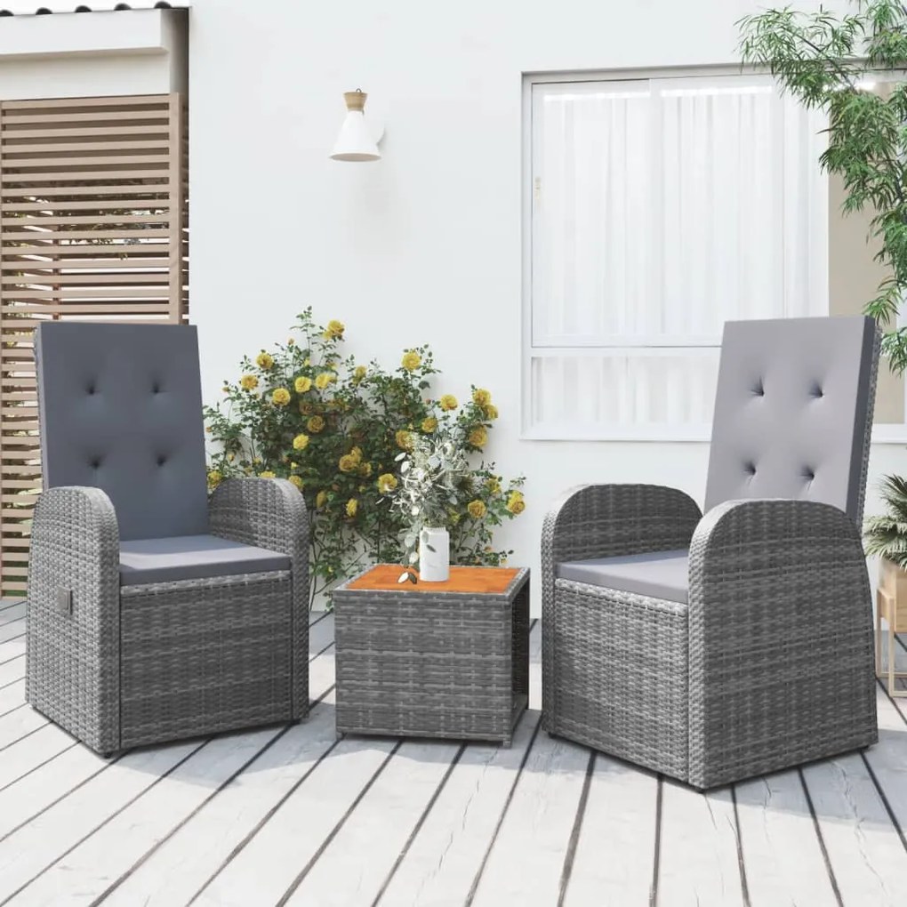 Set Mobili Giardino 3pz Grigio Polyrattan Legno Massello Acacia /