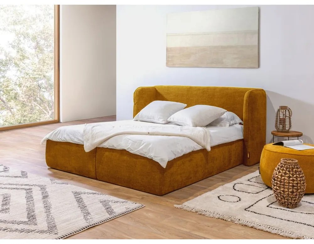 Letto matrimoniale imbottito giallo con contenitore con griglia 180x200 cm Louise - Bobochic Paris