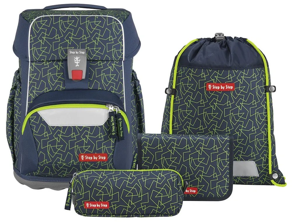 Zaino scuola Step by Step BASIS, Green Geometric - set 4 pezzi