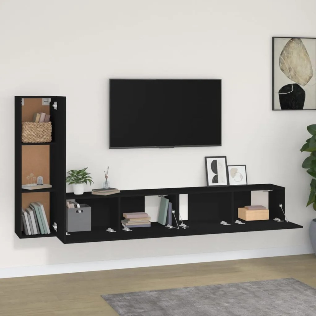 Set mobili porta tv 3 pz nero in legno multistrato