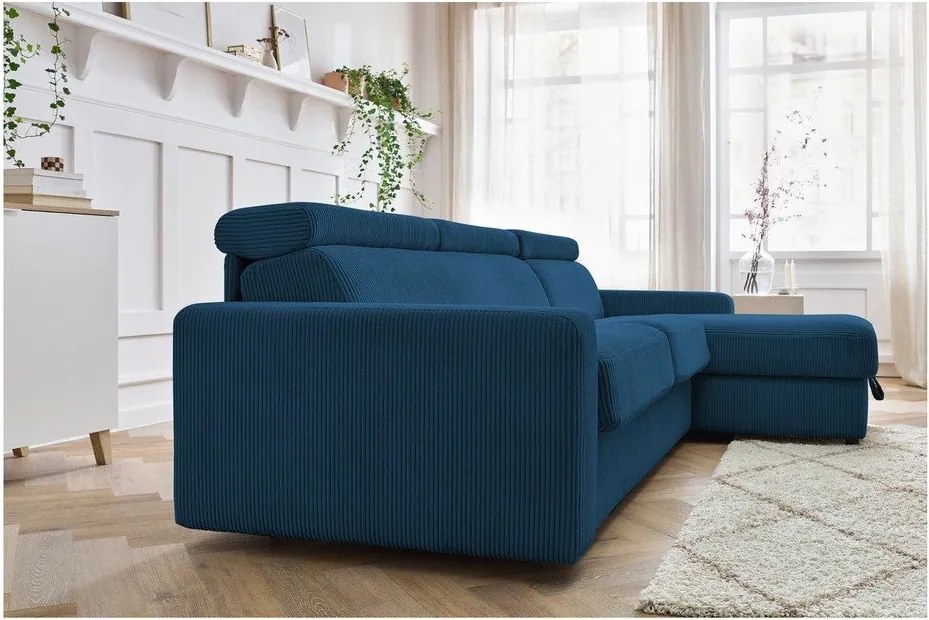 Divano angolare in blu scuro allungabile (con composizione variabile) con rivestimento in velluto a coste Monaco – Bobochic Paris