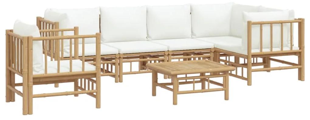 Set salotto da giardino 7pz con cuscini bianco crema in bambù
