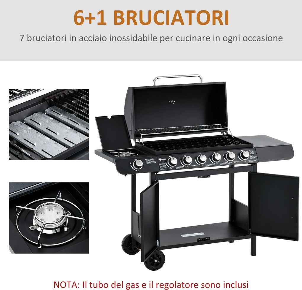 Barbecue a Gas GPL 7 Fuochi 135x50x100 cm con Fornello Laterale Nero...