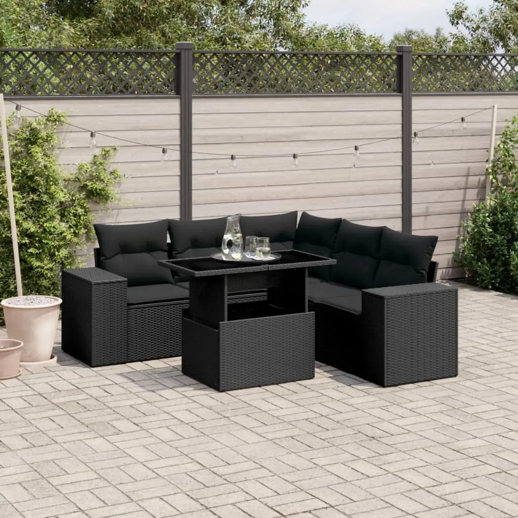 Set divano da giardino 6 pz con cuscini nero in polyrattan