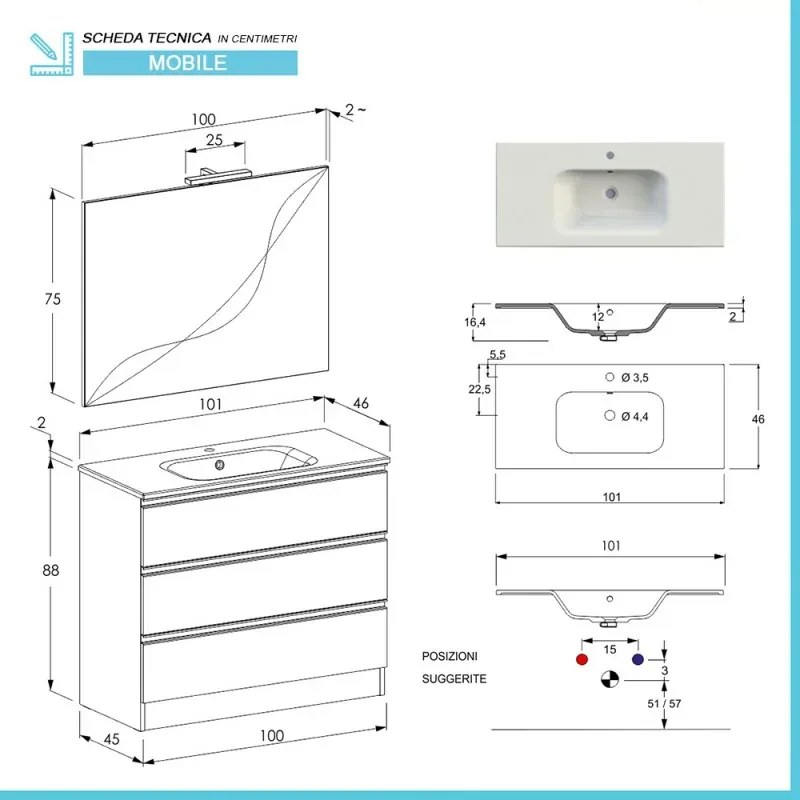 Mobile bagno a terra 100 cm Master grigio con lavabo e specchio