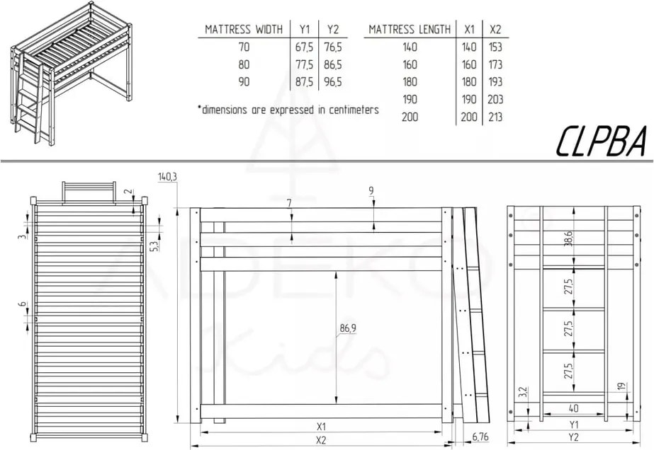 Letto rialzato per bambini in legno di pino 70x160 cm CLPBA - Adeko