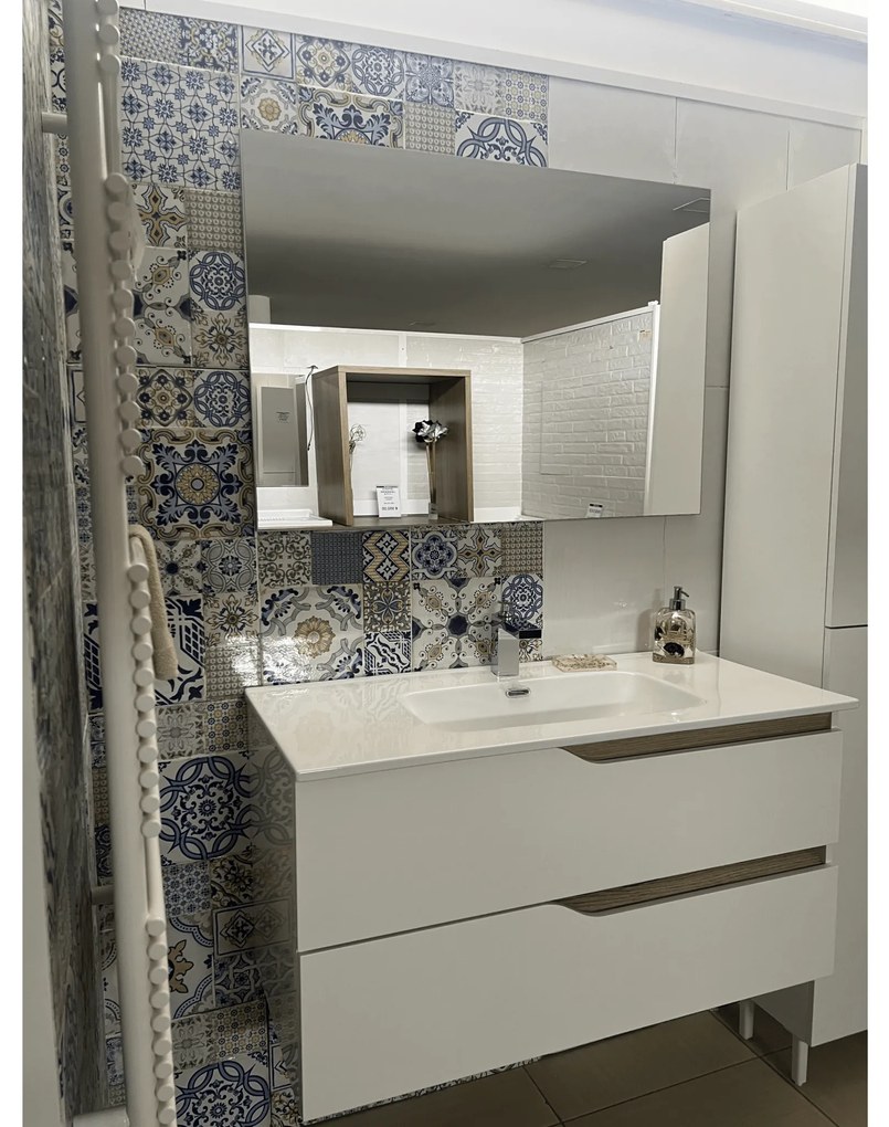 Mobile Bagno Sospeso 100 Cm Due Cassetti Specchio Con Lampada Led 100x70 Cm Savini "Grace 2"