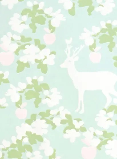 Majvillan Carta da parati Apple Garden - Soft Turquoise/ Green/ Pink/ Cream White