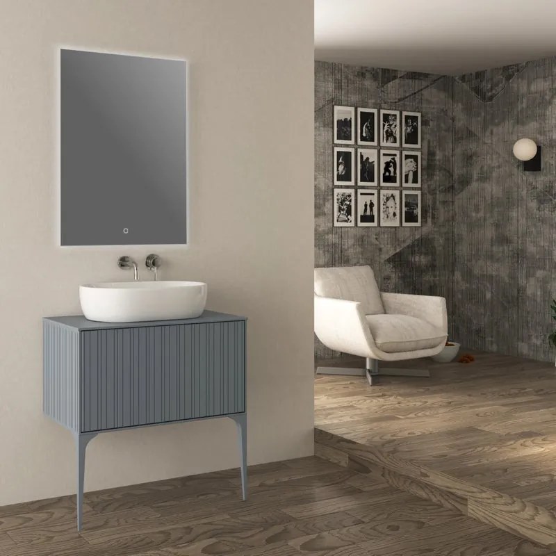 Mobile da bagno sospeso sotto lavabo Domino di Baden HausL 80 x H 43 x P 46 cm blu ghiaccio cannettato opaco, 1 cassetto