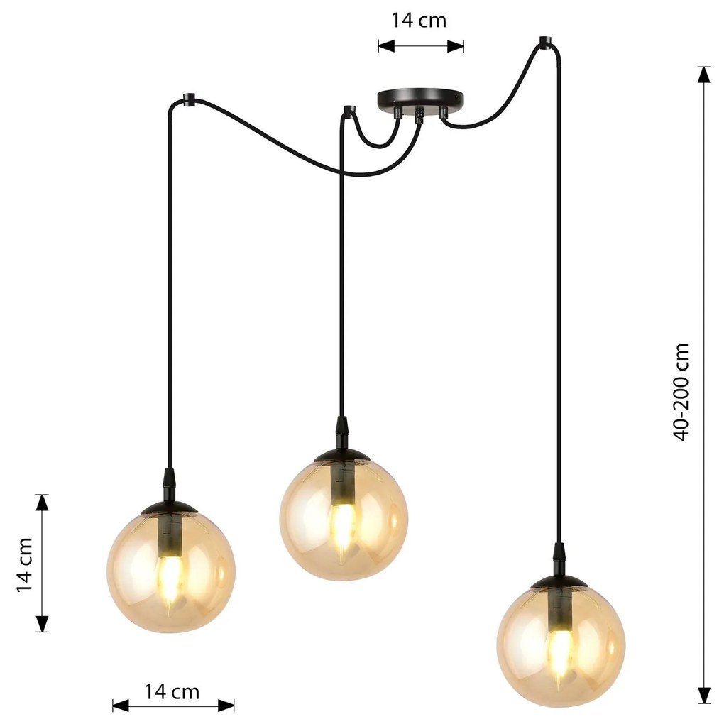 Lampadario 3 Luci Gigi In Acciaio Nero Con Cavo Lungo E Vetri Ambra