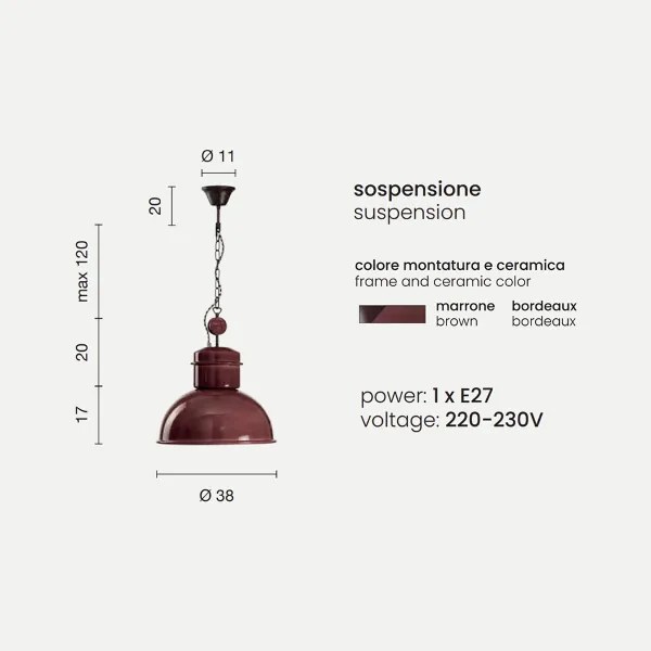 Lampada a sospensione ENGINE in ceramica smaltata BORDEAUX