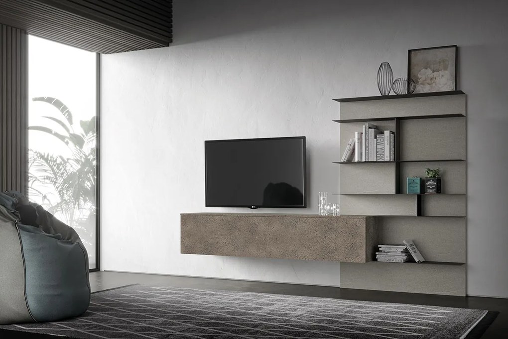 Parete attrezzata con boiserie, finitura Antracite, Graniglia e Piasentina