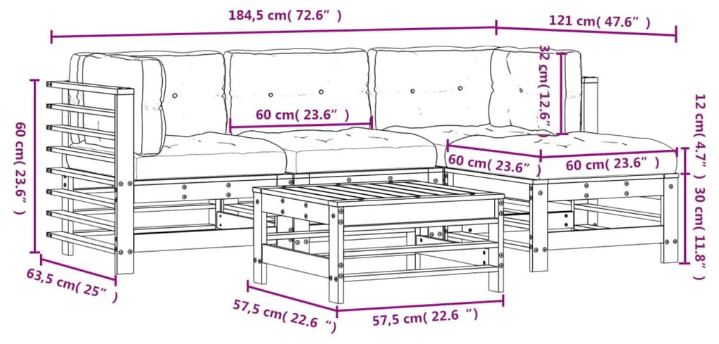 Set Divani da Giardino 5 pz con Cuscini in Legno Massello