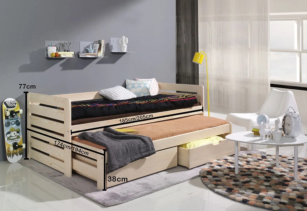 Letto per bambini con letto estraibile e barriera di sicurezza Praktik - naturale - pino 180x80 cm