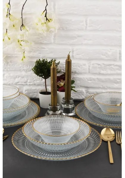 Set da tavola 12 pezzi in vetro trasparente con finitura dorata