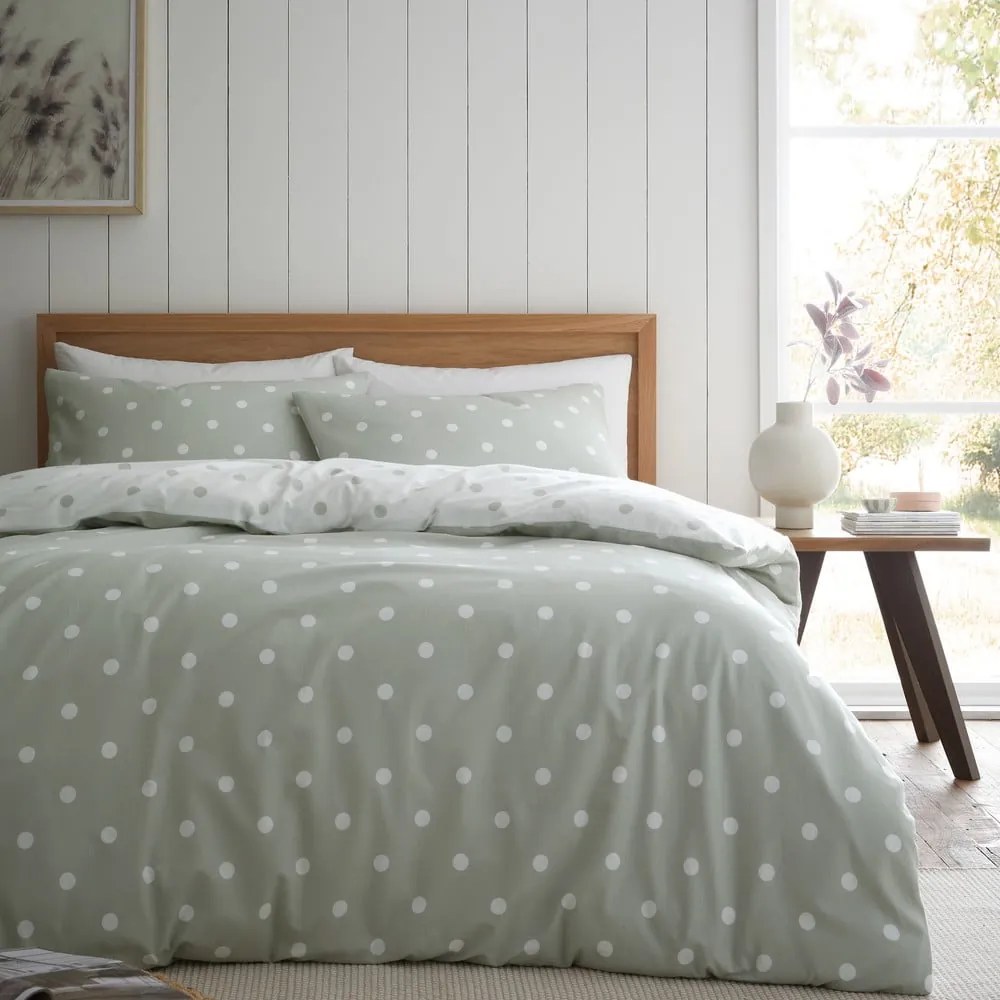 Set copripiumino e federa bianco e verde in flanella per letto matrimoniale 200x200 cm Polka Dot – Catherine Lansfield