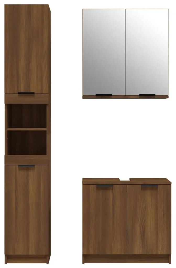 Set mobili da bagno 3 pz rovere marrone in legno multistrato