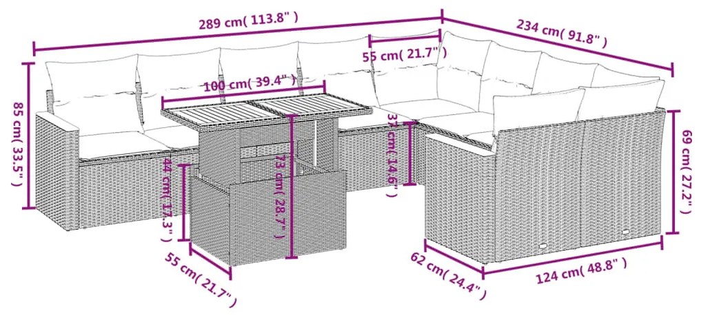 Set Divani da Giardino 10pz con Cuscini in Polyrattan Nero