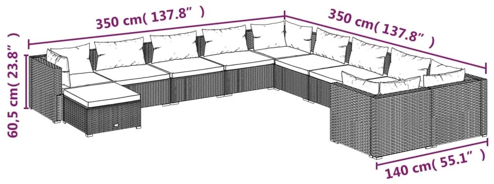 Set Divani da Giardino 11 pz con Cuscini in Polyrattan Marrone