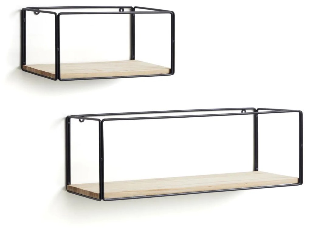 Kave Home - Set Nezz di 2 mensole in legno massello di abete e acciaio nero 30 x 15 cm e 50 x 17 cm