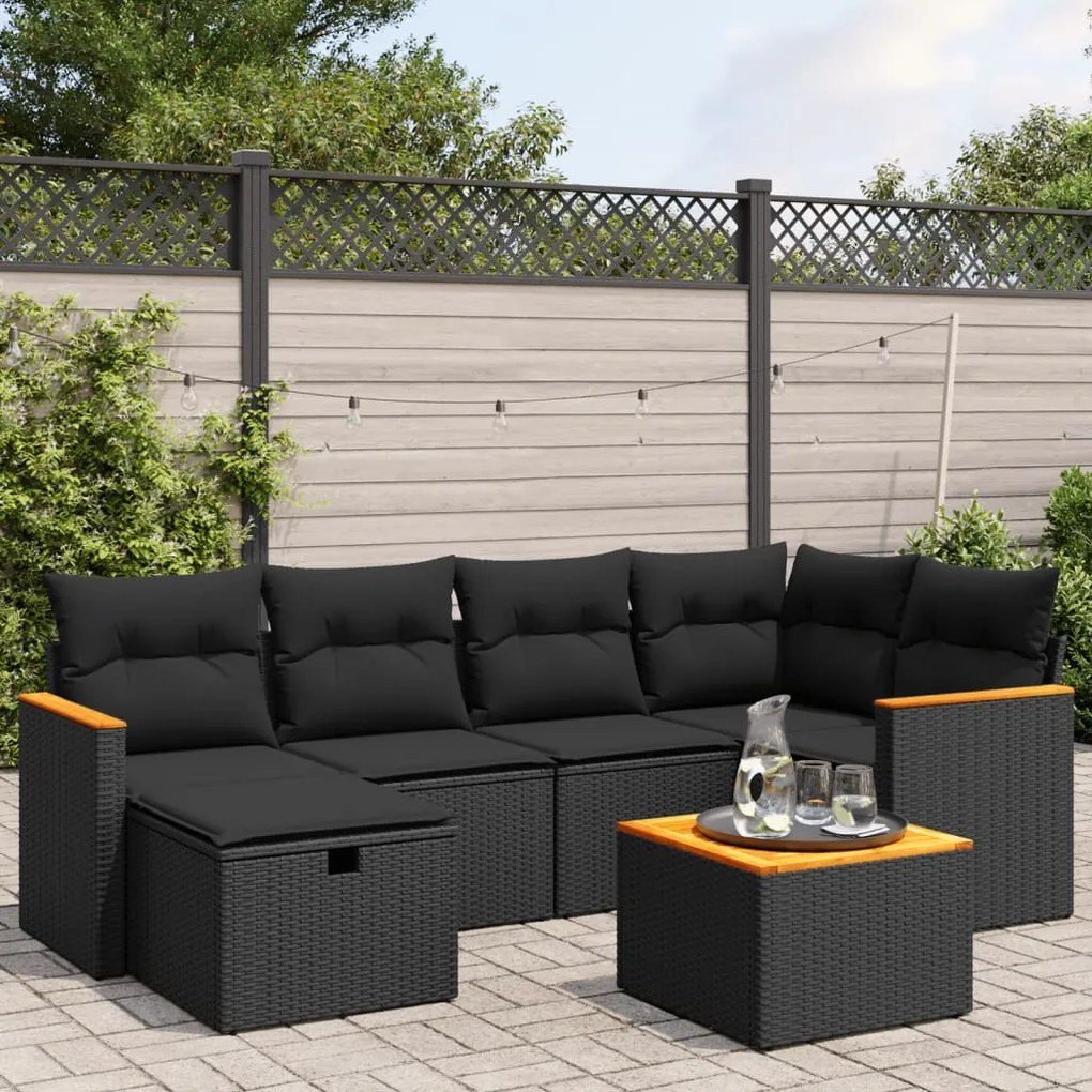 Set divani da giardino con cuscini 7pz nero polyrattan