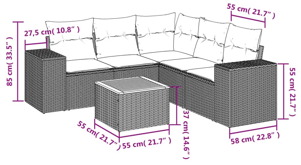 Set Divano da Giardino 6 pz con Cuscini Beige in Polyrattan