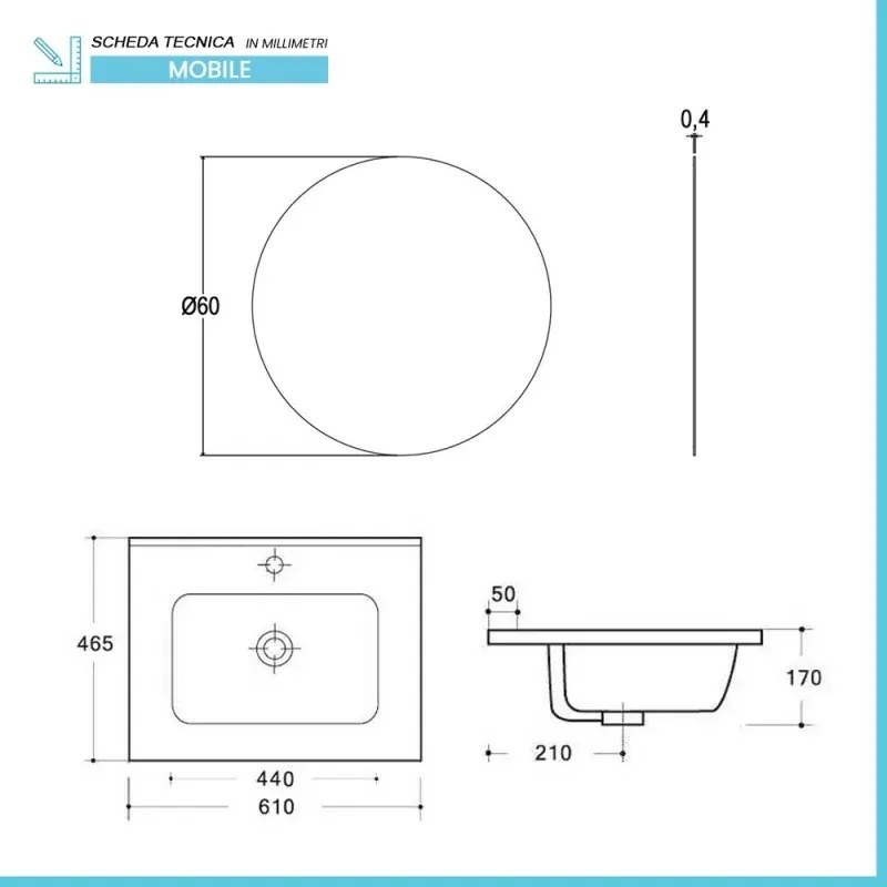 Mobile bagno a terra 60 cm rovere bali con specchio e lavabo Gaya
